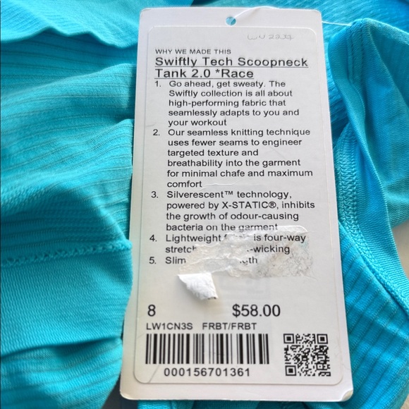 Lululemon Swiftly Tech Racerback 2.0 *Race Length size 8 nwt fresco blue tone - Picture 5 of 5